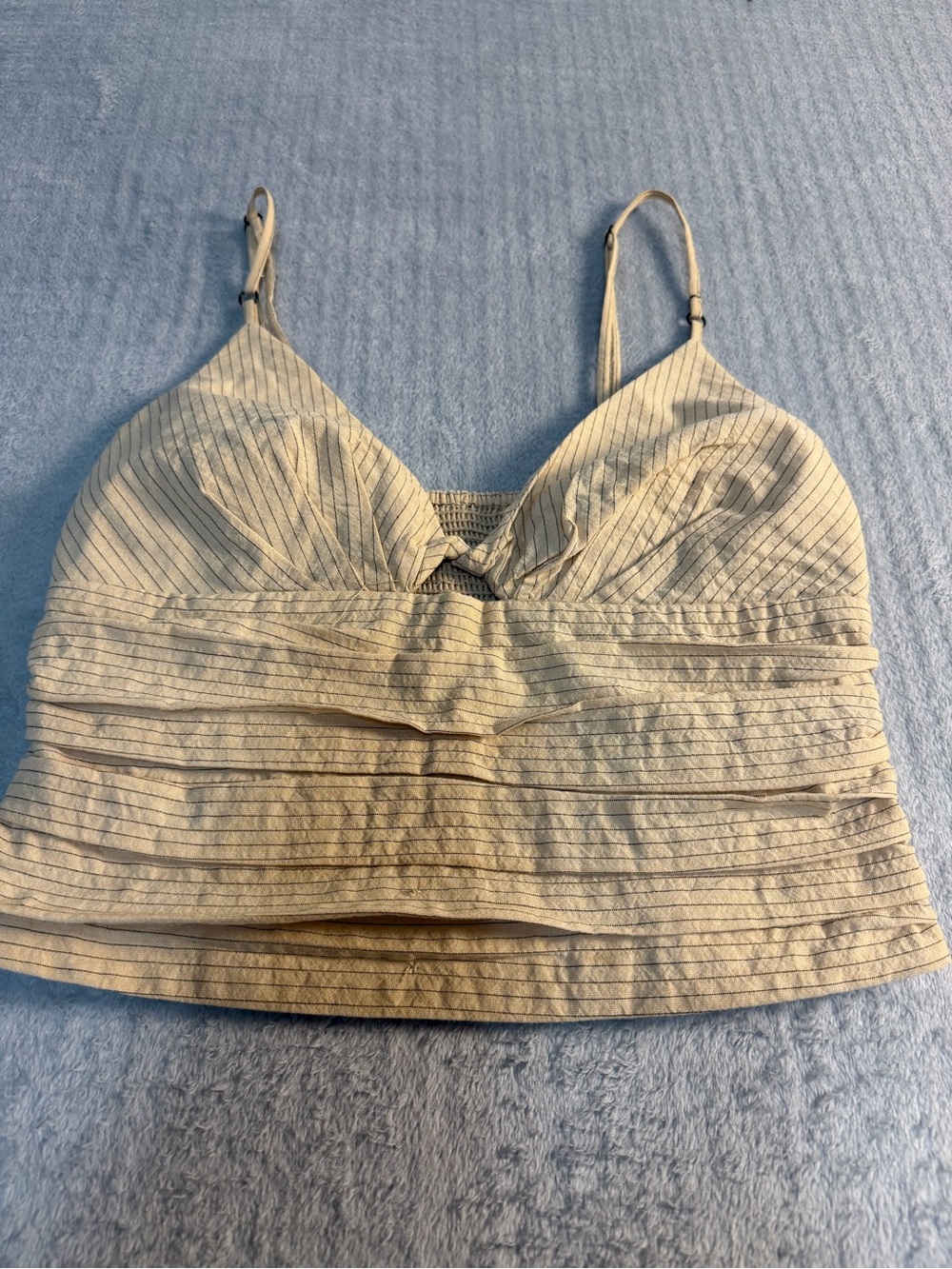 Zara beige pinstripe ruched corset cami 🤍 euro summer linen look crop top